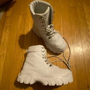 white chunky combat boots. prettylittlething.